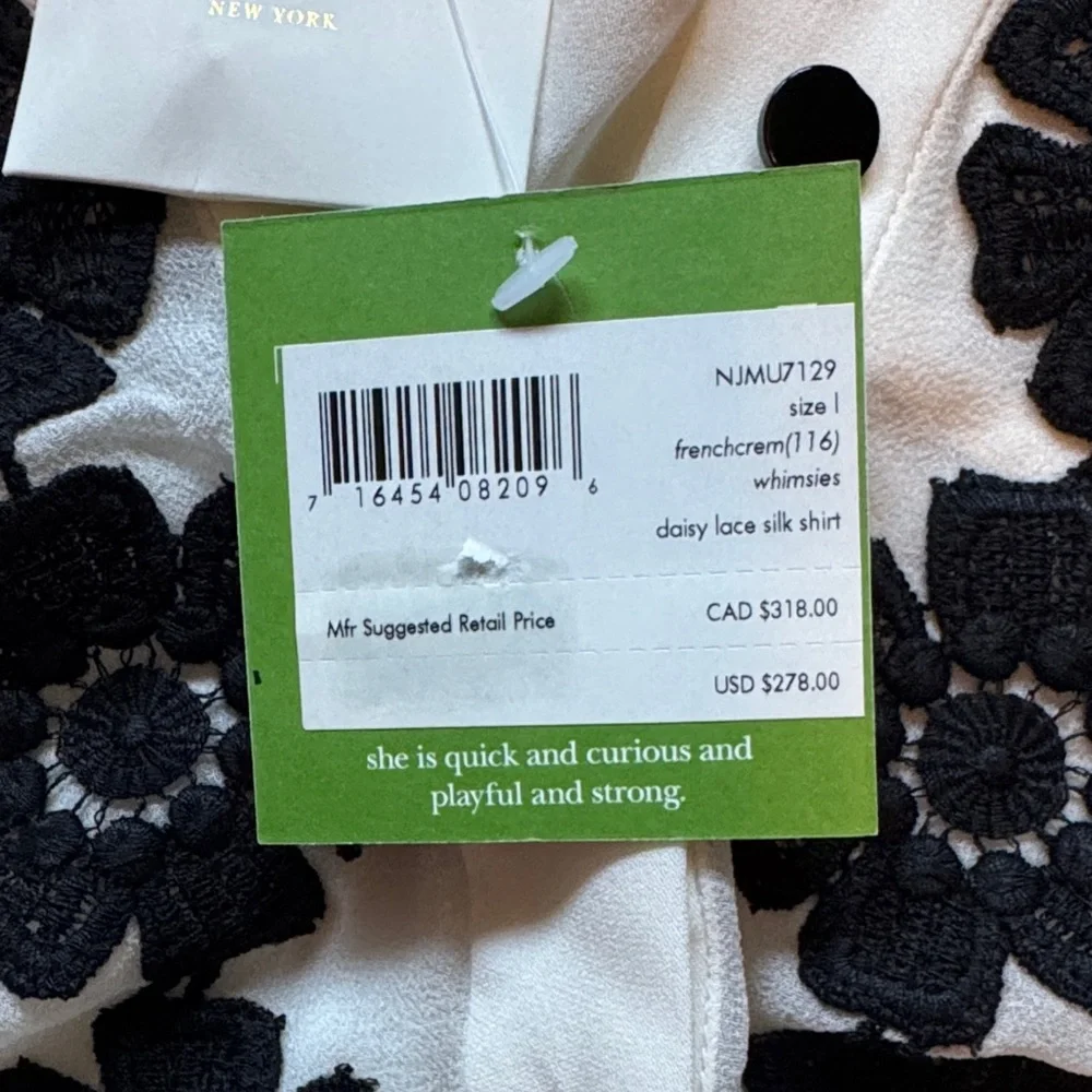 NWT Kate Spade Cream Blouse with Black Floral Details Size Large 100% Silk